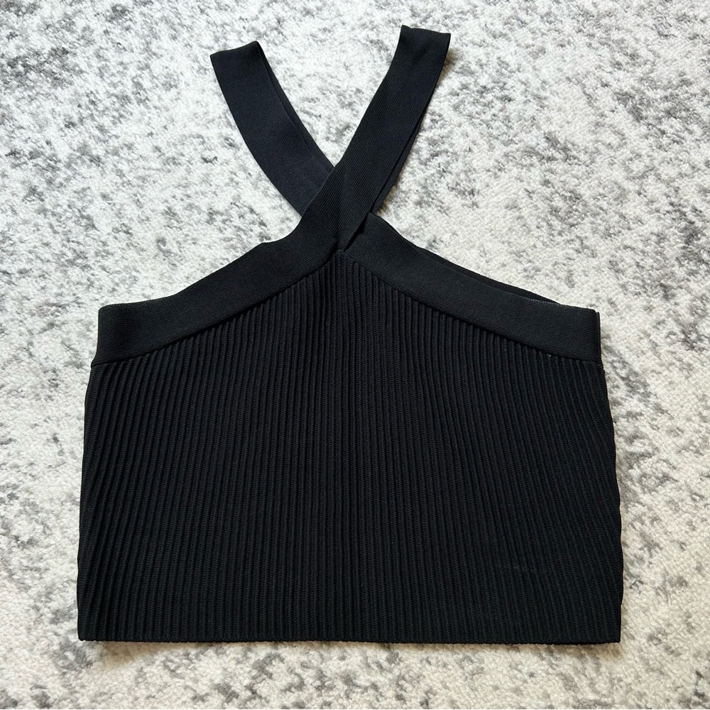 Black Ribbed Cross Strap Crop Tank Top